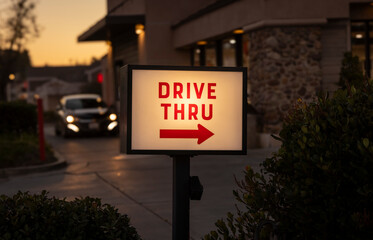 A sign stating Drive Thru with a car waiting at a pick up window in morning or dusk light