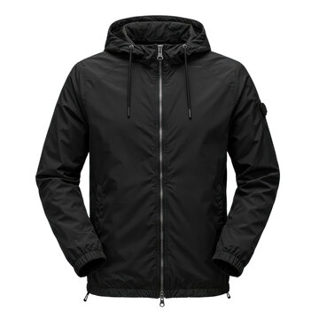 black technical windbreaker jacket with matte nylon texture and silver zipper, detailed on a pristine transparent studio background with high-key lighting concept for professional apparel product