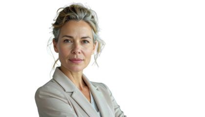 Portrait Of Mature Woman With Gray Hair Wearing Business Suit Jacket Looking At Camera With Confident Expression And Arms Crossed