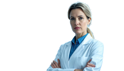 Confident Female Doctor In White Lab Coat With Arms Crossed Isolated On Transparent Background Medical Professional Ready For Healthcare And Medicine