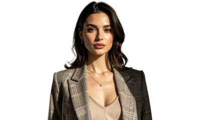 Professional Woman Portrait In Plaid Blazer With Neutral Top And Gold Necklace Business Attire For Corporate And Fashion Industries