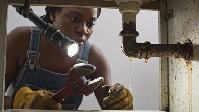 Woman Repairing Leaky Pipe With Wrench and Flashlight, Close Up