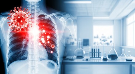 X-ray of lungs showing coronavirus infection and laboratory research equipment