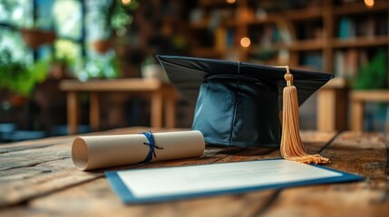 Graduation ceremony scene with graduation cap, diploma, and certificate on a wooden table indoors with a blurred library background