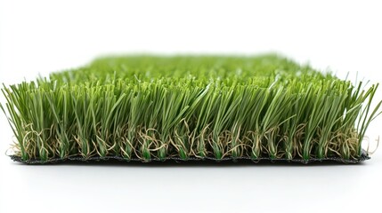 A close-up view of a lush, green artificial grass mat on a white background