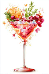 Colorful fruit cocktail with garnishes and ice in elegant glass  