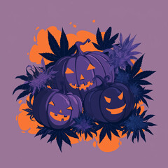 Halloween pumpkins with carved faces surrounded by plants and leaves  