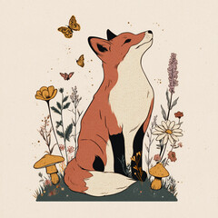 Fox sitting in a field of flowers with butterflies around  