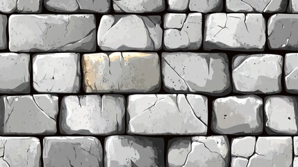 A detailed view of a grey stone wall with cracked and weathered blocks