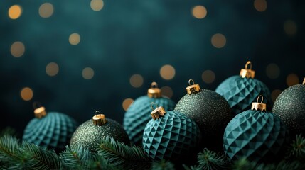 Christmas ornaments arranged on pine branches against a dark blue background with bokeh lights