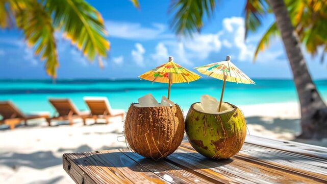 Two coconut drinks with paper umbrellas on a wooden table, beach backdrop, palm trees