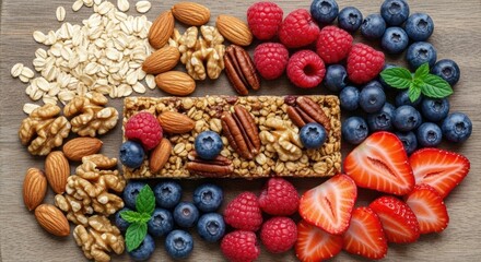 Wholesome breakfast bar surrounded by vibrant strawberries, plump blueberries, juicy raspberries, crunchy almonds, and rich walnuts on a rustic wooden surface.