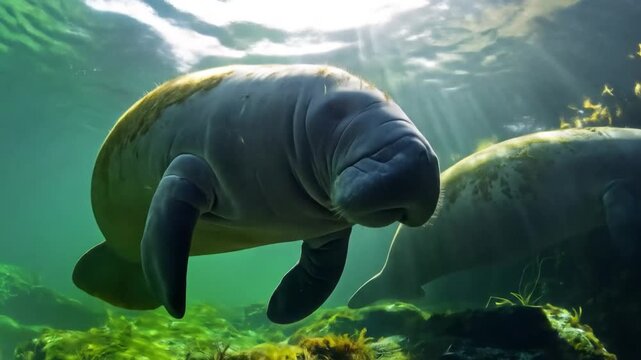 Two manatees swim underwater, the foreground manatee facing the camera, sunbeams in the water
