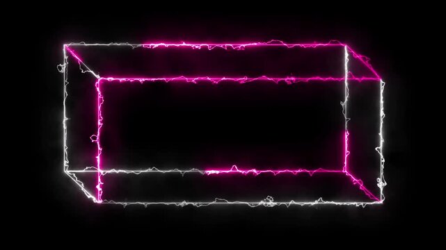 Glowing neon 3d rectangular square frame animation. luminous banner animation. Smokey electric energy pink and white color neon box icon. Neon Figure On Black Background. 4k video.