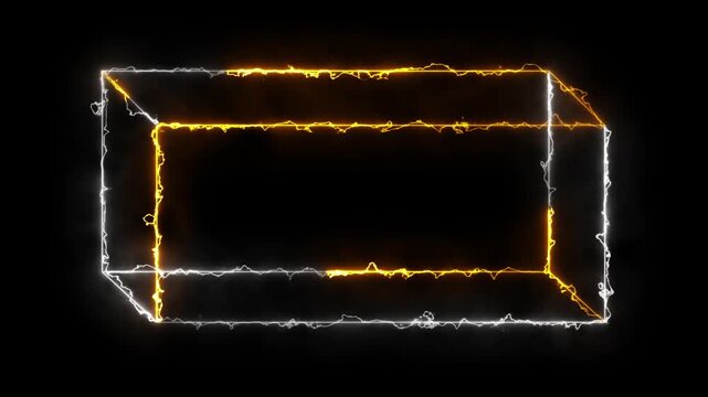 Glowing neon 3d rectangular square frame animation. luminous banner animation. Smokey electric energy golden and white color neon box icon. Neon Figure On Black Background. 4k video.