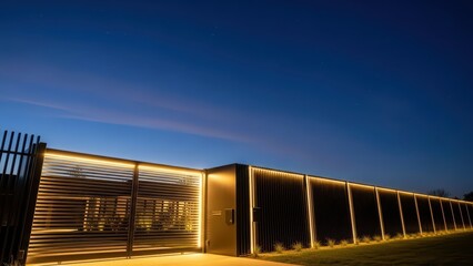Modern residential building entrance gate and fence illuminated by warm light at dusk. Contemporary architectural design for security and aesthetic appeal.