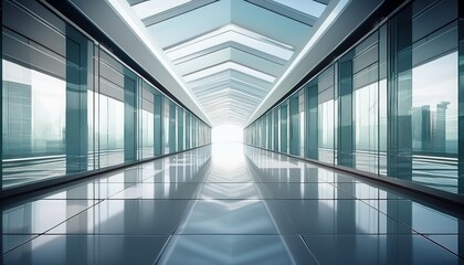 minimalist abstract architectural interior with a futuristic glass and metal corridor with clean lines and soft reflections