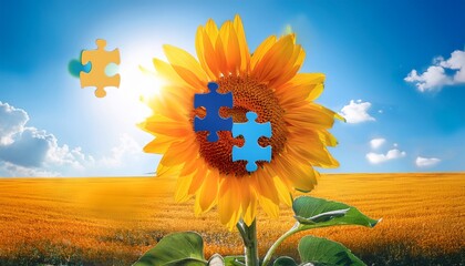 vibrant sunflower with puzzle pieces autism awareness acceptance and hope on a sunny day with blue
