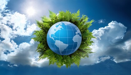 in the midst of a cloudy sky a radiant blue globe is encircled by healthy green plants representing the significance of ecological preservation and maintaining a sustainable