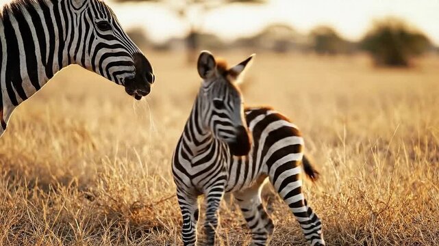 A charming young zebra foal stands alert in the sun-kissed African savanna at golden hour, with an adult grazing nearby, capturing a beautiful, natural wildlife photo.