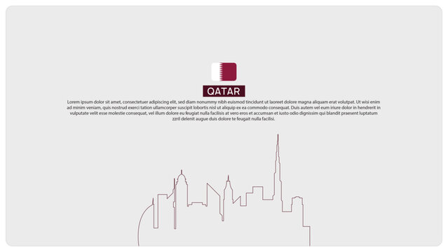 Minimalist Flat Qatar Skyline Background with Maroon White Color, Line Art Cityscape, National Flag Icon and Clean Typography for Corporate Banner - Powered by Adobe