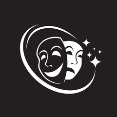 icon of comedy and tragedy theatrical masks isolated on black background
