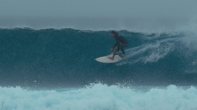 Surfer Paddling Through Powerful Breaking Waves Dark Wetsuit Silhouette Battles Shorebreak Foam, Surfboard