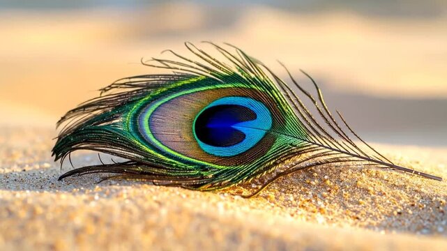 A peacock feather rests on sand, showcasing vibrant colors. The background is blurred