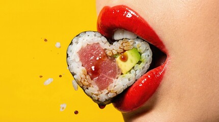 Close up of female lips with red lipstick eating heart shaped maki sushi on yellow
