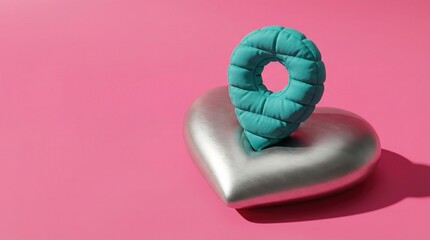 Turquoise puffy fabric map pointer standing on silver metal heart on pink background
