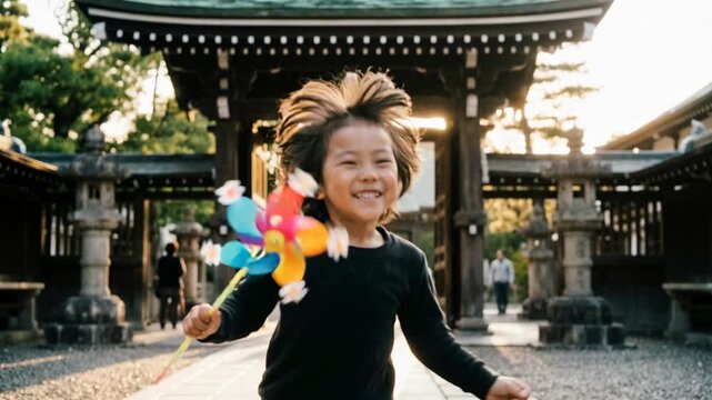 Boy playing with colorful pinwheel at traditional Japanese shrine. Childs joyful sequence of standing, jumping and running in temple gate setting. Cultural outdoor festival concept