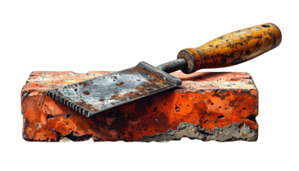 Bricklaying Trowel With Wooden Handle Resting On Red Brick Isolated On Transparent Background For Construction And Masonry Projects