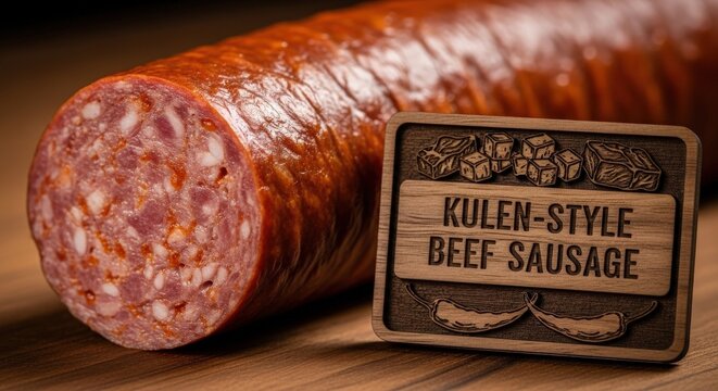 Artisanal Kulen-Style Beef Sausage with Paprika Flecks and Engraved Walnut Wood Sign, Bold Regional Macro Photography