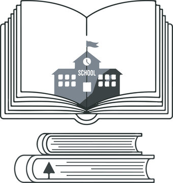 An illustration of a school building emerging from an open book on top of stacked books