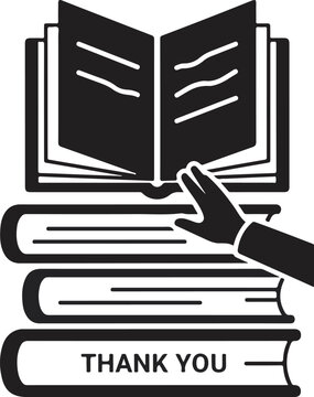 A hand reaches for an open book on top of a stack of books with a thank you message in an educational setting indoors.