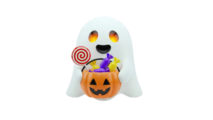 Cute Halloween Ghost Holding Candy Bucket and Lollipop