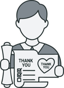 A man is showing a thank you card and a rolled up paper document with a heart