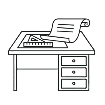 A drafting table with a ruler and paper is used for designing on a desk in an office setting.