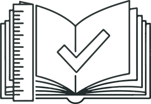An open book with a checkmark on a stack of papers and a ruler on the side