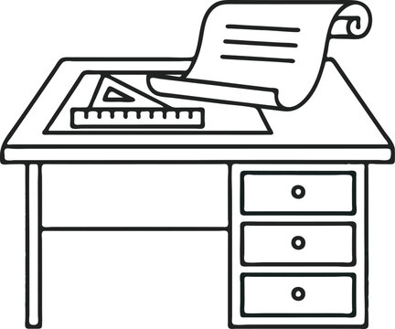 An illustration depicts a workspace with a desk featuring drawers and office supplies on top.