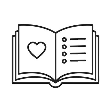 An open book displays a heart on one page and lines on the other