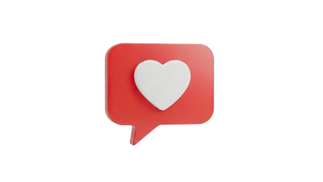 3D Red speech bubble with a white heart icon on transparent background - Powered by Adobe