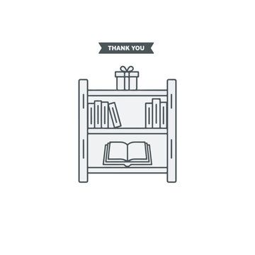 A person receives a gift on a bookshelf with books and an open book.