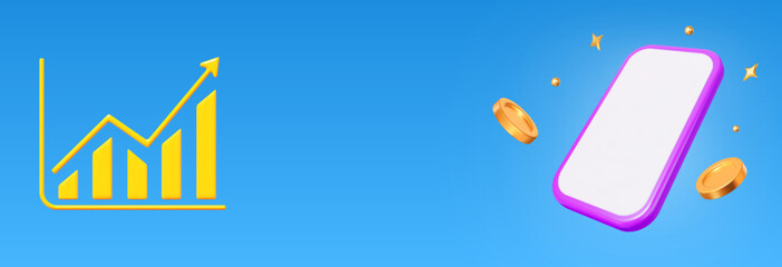 3d yellow growth stock chart up statistics, asset growth over time. Purple phone with coins and stars. Positive trend. The growth of the world economy. Stock vector illustration on blue isolated bg