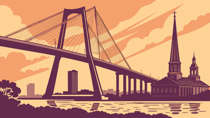 Obraz premium Charleston skyline with arthur ravenel bridge framing church silhouette, ideal for illustrating the citys iconic beauty in travel publications.