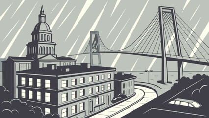 Obraz premium Charleston skyline vector with a bridge over buildings suitable for travel websites, city guides, and charlestonthemed designs.