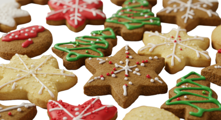 abundant collection of shortbread and gingerbread christmas cookies, intricately decorated with glossy red, green, and white icing and sparkling sugar, isolated on high-key white, sophisticated