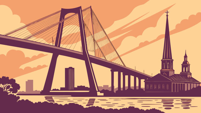 Charleston skyline with arthur ravenel bridge framing church silhouette, ideal for illustrating the citys iconic beauty in travel publications.