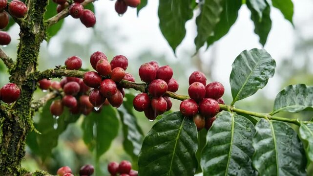 Red ripe arabica coffee bean on branch with green leaf. Agribusiness plantation in Bali for rich coffee harvest.