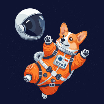 Vector art of an astronaut dog in the galaxy, Funny cartoon illustration of a Corgi in the cosmos, vector
